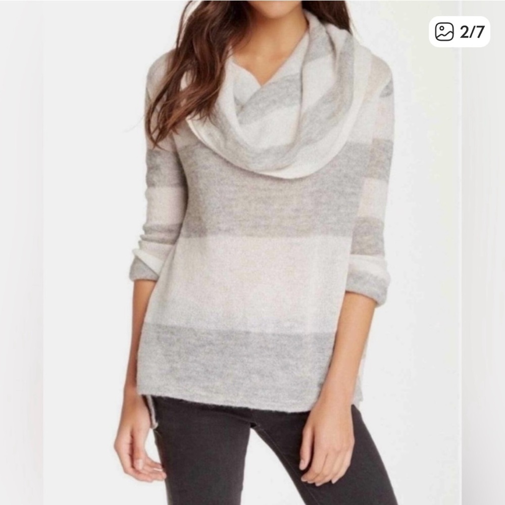FREE PEOPLE Gray and White Striped Cowl Turtleneck Alpaca Blend Sweater
